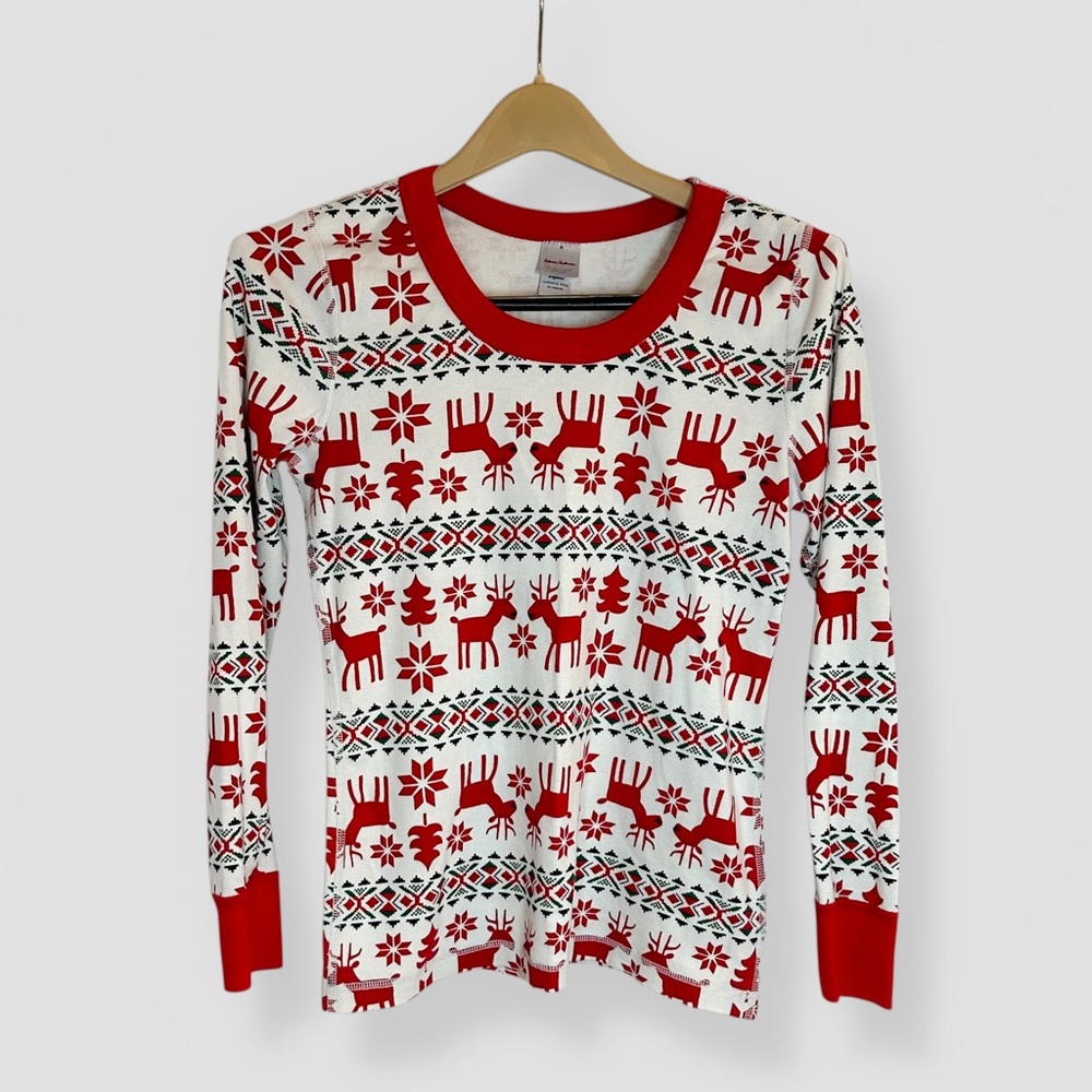 Hanna Andersson Size Medium Long John Pajama Top Cotton Cream Red Deer Holiday